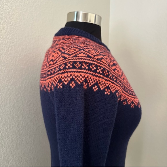 J. Crew Fair Isle Nordic Ruffle Sleeve Orange Navy Merino Wool Sweater Size XS - Picture 8 of 12